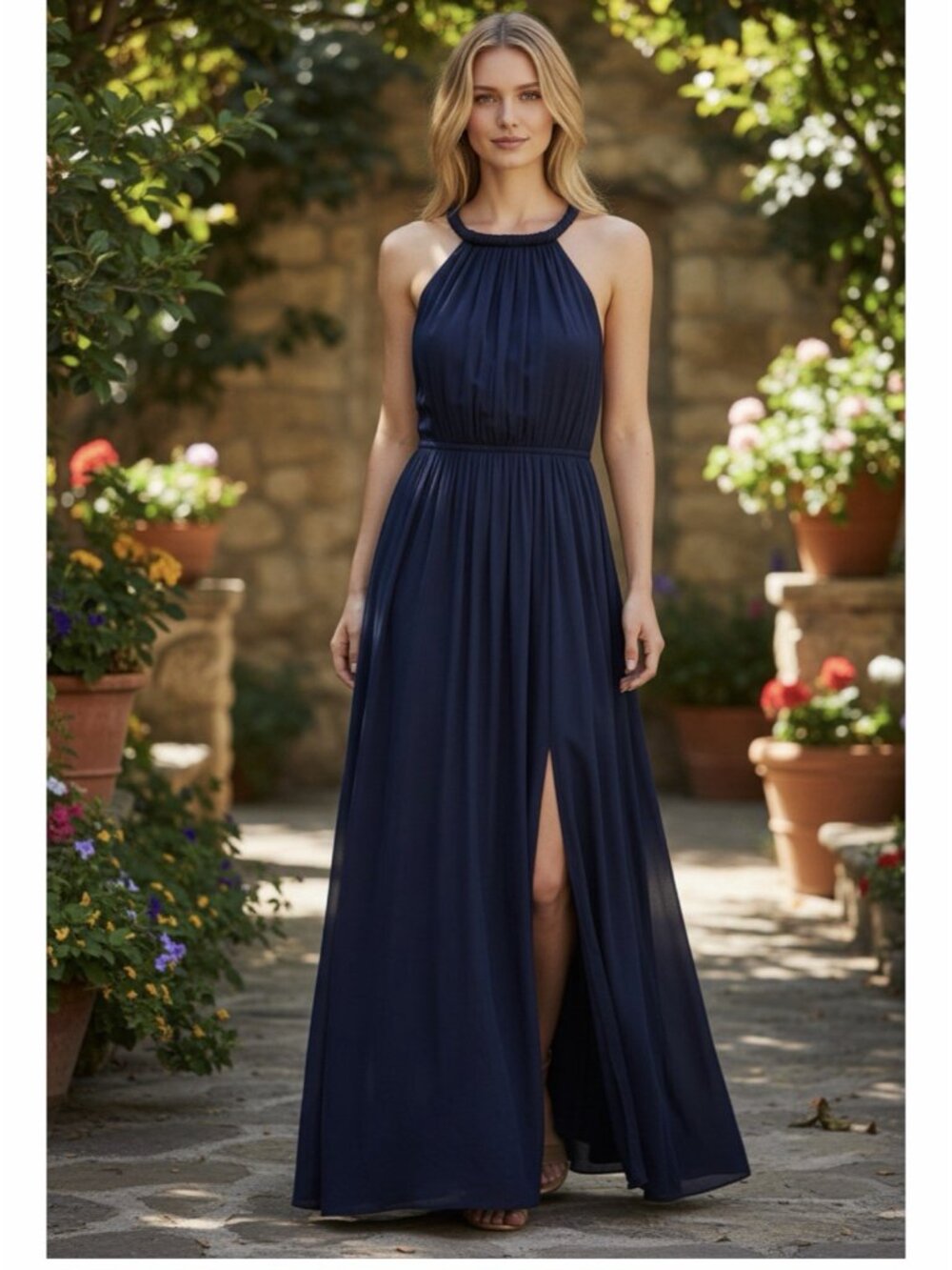 $345 Elie Tahari High Halter Ruffle  Midi Dress Women’s Sz: Small Blue  Satin